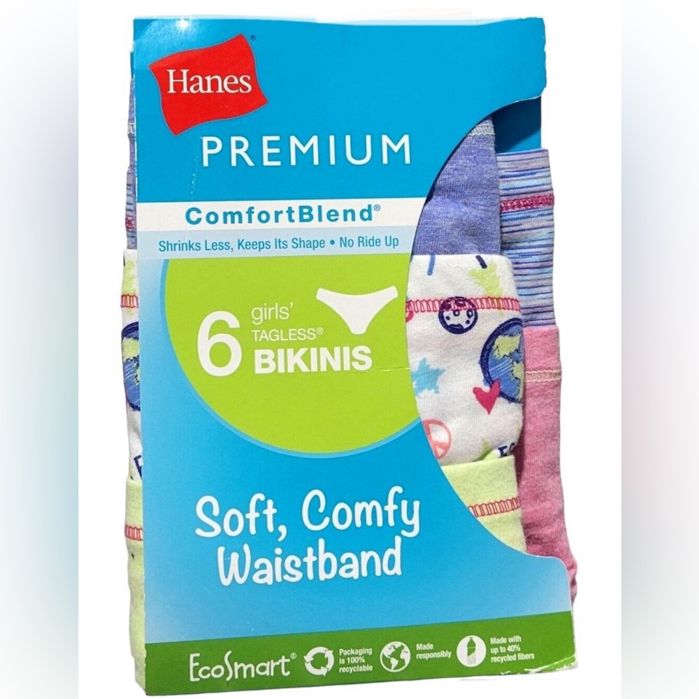 Hanes Comfort Blend Girls' Tagless Bikinis 6 Count Design Pack Size 10